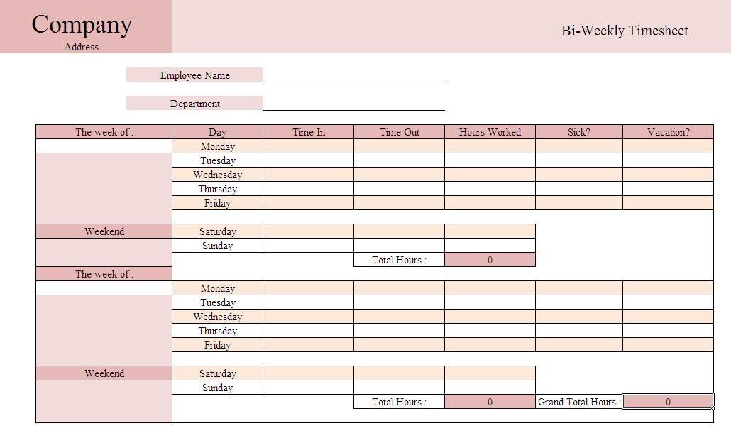 bi weekly timesheet excel