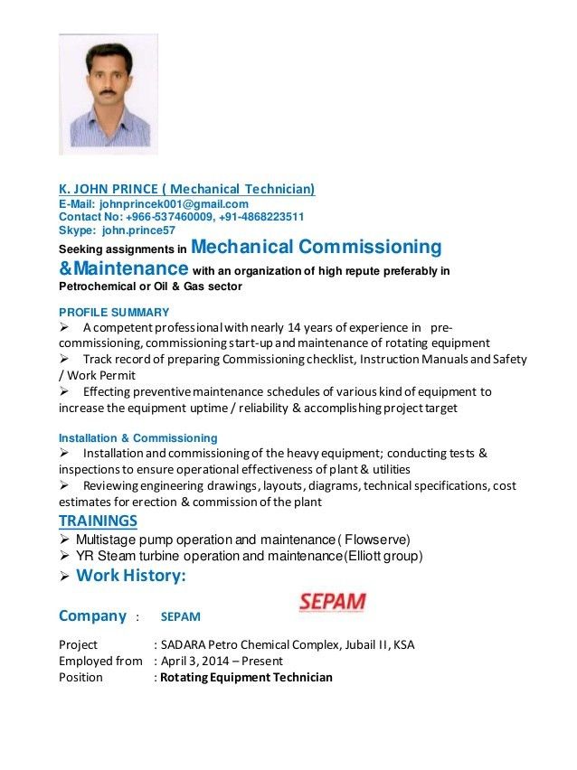cv for mechanical technician