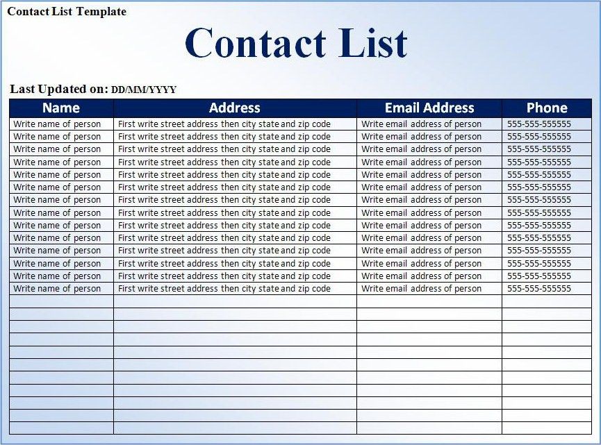 excel contact list template