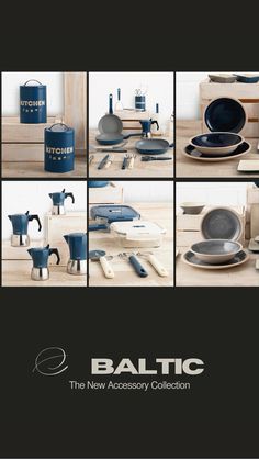 Vajillas, sartenes, cafeteras y accesorios coordinados en tonos azul índigo y crema, crean un ambiente ordenado y relajante a la vista.