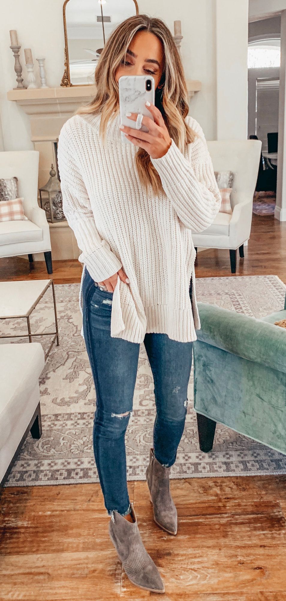 white and blue long sleeve dress #winter #outfits