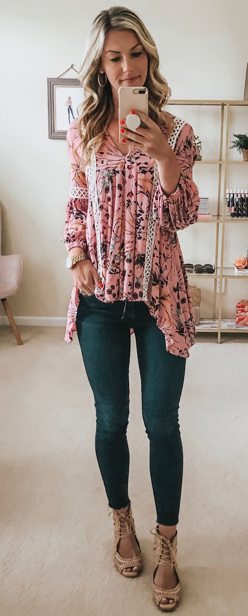 pink floral long-sleeved shirt #summer #outfits pink floral long-sleeved shirt #summer #outfits