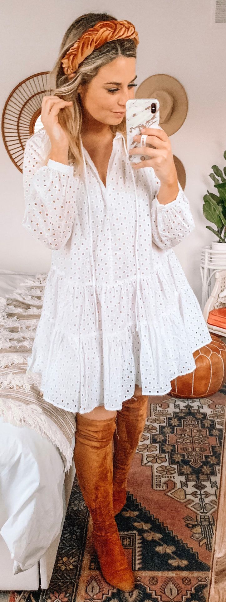 white and brown long sleeve dress #spring #outfits