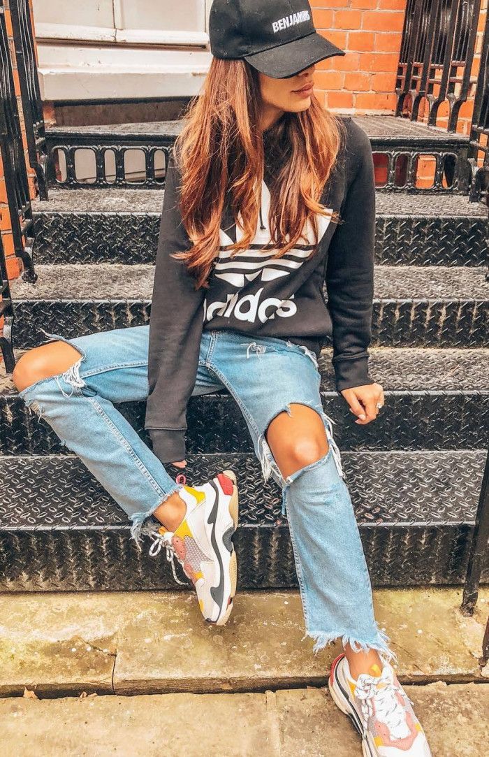 trendy outfit_hat sweatshirt distressed jeans sneakers trendy outfit_hat sweatshirt distressed jeans sneakers