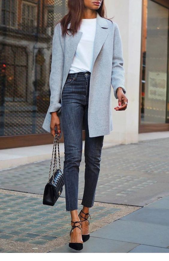 White top, jeans and grey coat