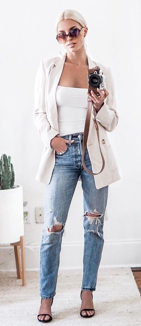 white off-shoulder top and blue distressed jeans #summer #outfits white off-shoulder top and blue distressed jeans #summer #outfits