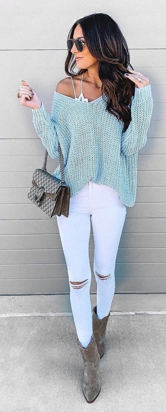 blue and white long sleeve dress #winter #outfits