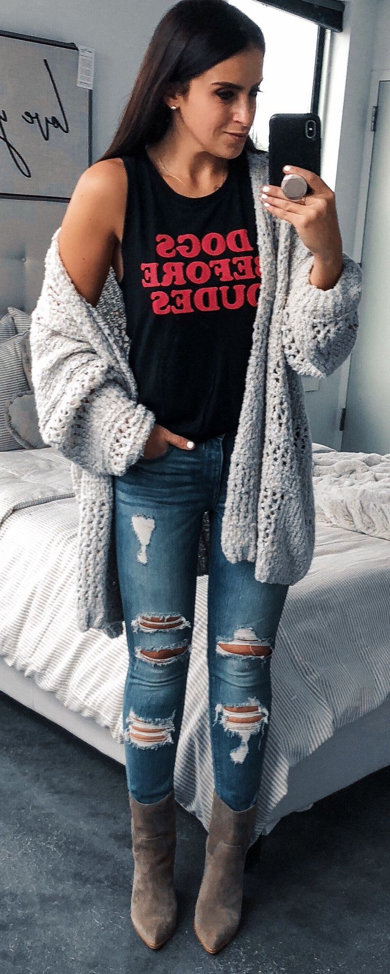 black and red tank top and gray knit open cardigan