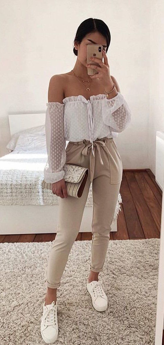 white polka-dot off-shoulder long-sleeved blouse #spring #outfits