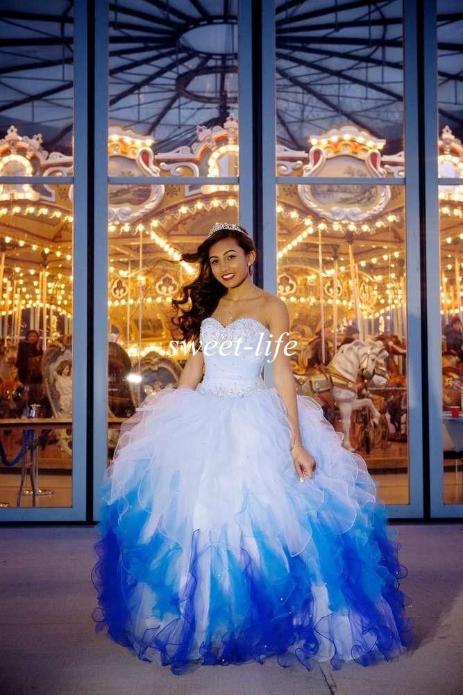 2015 Exquisite Quinceanera Dresses Ombre White Blue Ball Gown Sweetheart Ruffled Organza Sequins Lace U Sweet 16 dresses Quincenera dresses Quinceanera dresses