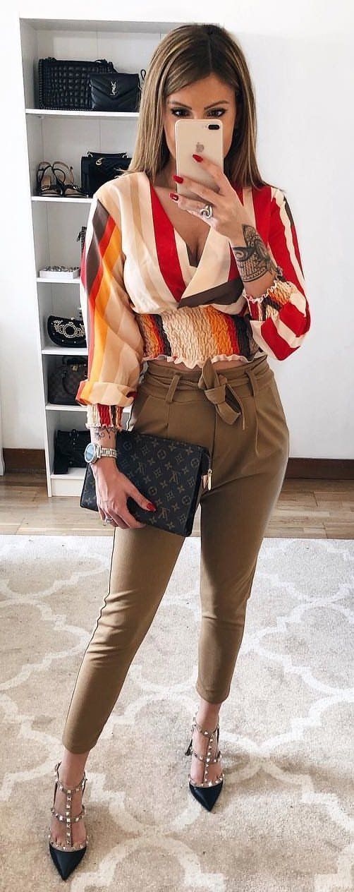 red and brown blouse #spring #outfits
