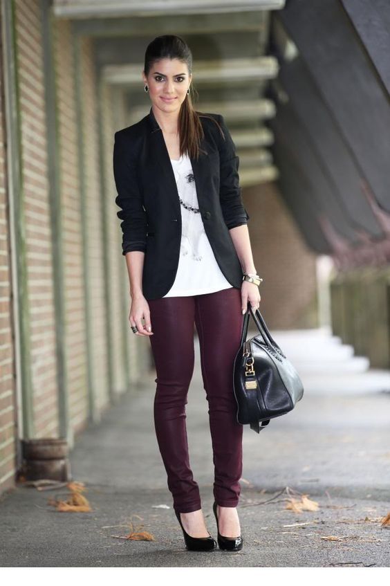 White t-shirt, black blazer and burgundy pants White t-shirt, black blazer and burgundy pants