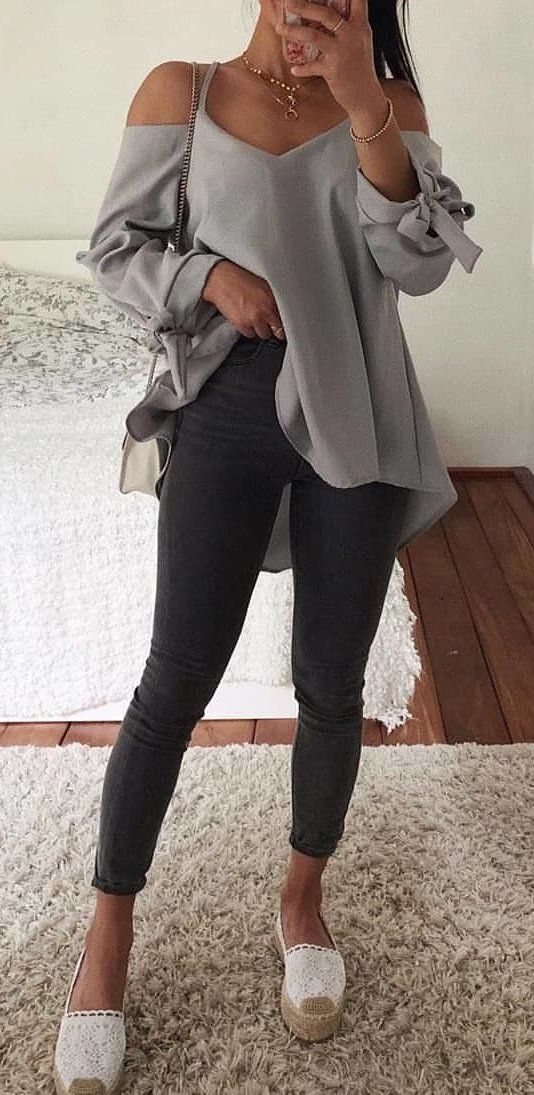 gray V-neck cold-shoulder long-sleeved peplum blouse #summer #outfits gray V-neck cold-shoulder long-sleeved peplum blouse #summer #outfits