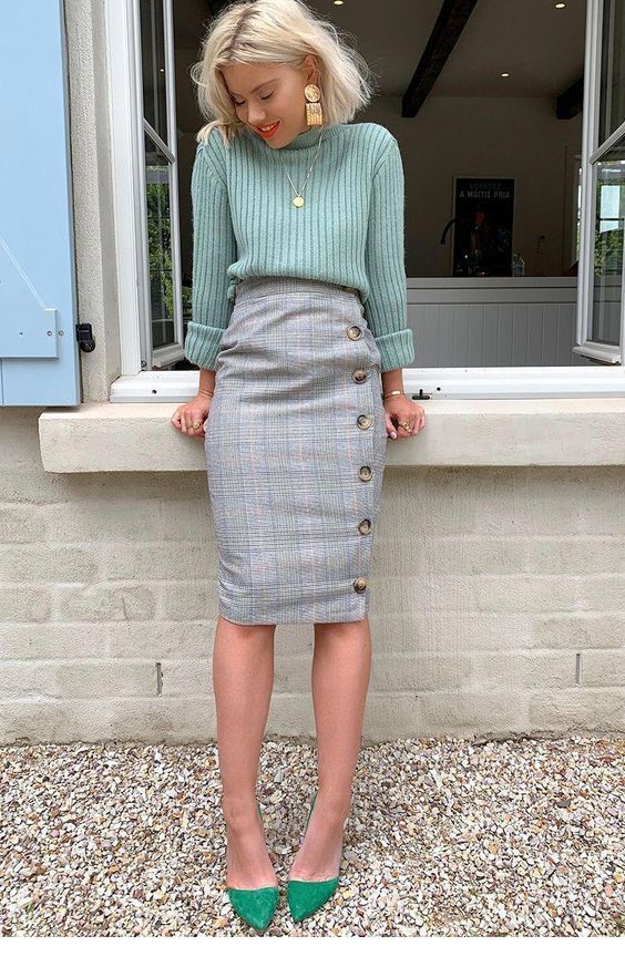 Mint sweater, green shoes and plaid skirt