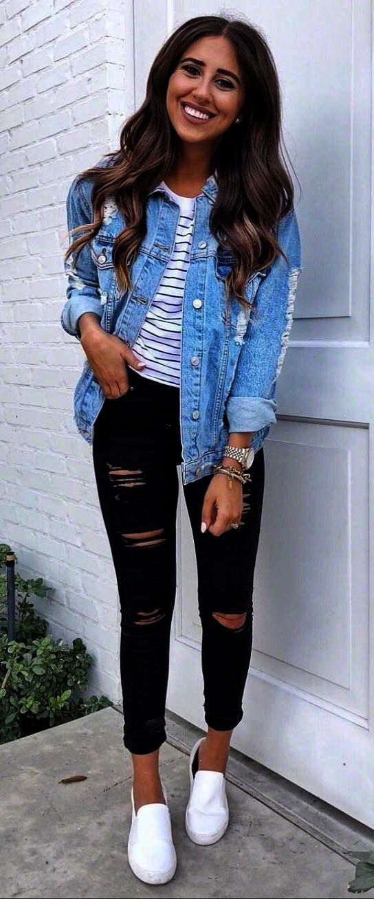 how to wear a denim jacket top black rips sneakers