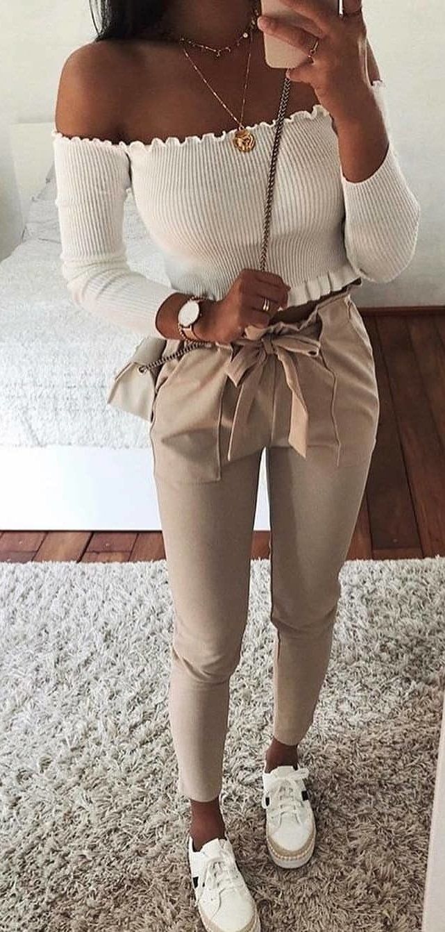 white off-shoulder long-sleeved blouse #spring #outfits white off-shoulder long-sleeved blouse #spring #outfits