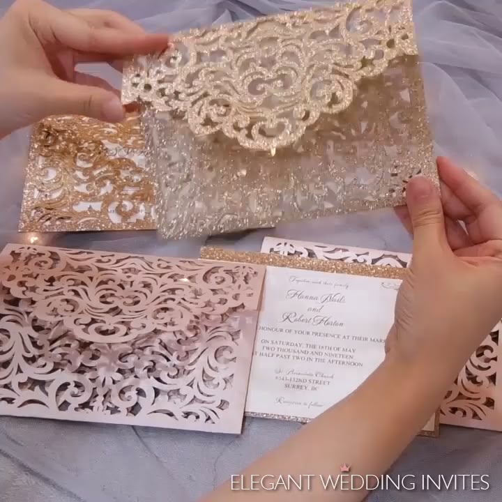 Custom blush shimmer and rose gold laser cut sleeve with classic wedding invitations and glitter backer EWWS240 #EWI Custom blush shimmer and rose gold laser cut sleeve with classic wedding invitations and glitter backer EWWS240 #EWI