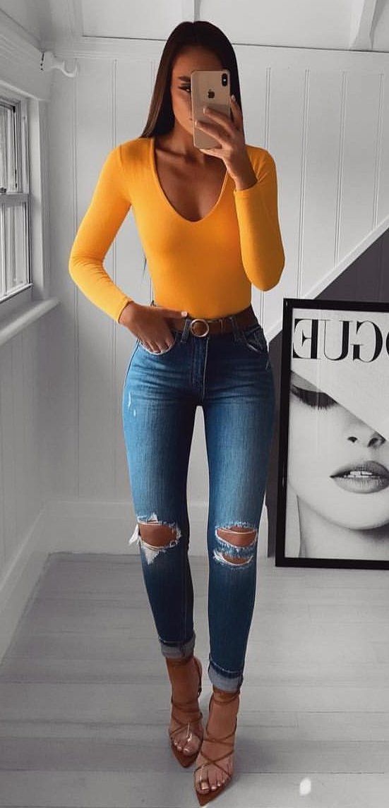 yellow V-neck long-sleeved shirt #spring #outfits