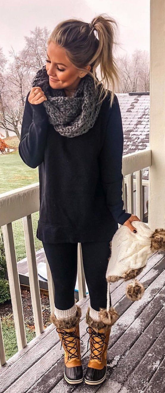 black sweater and gray scarf black sweater and gray scarf