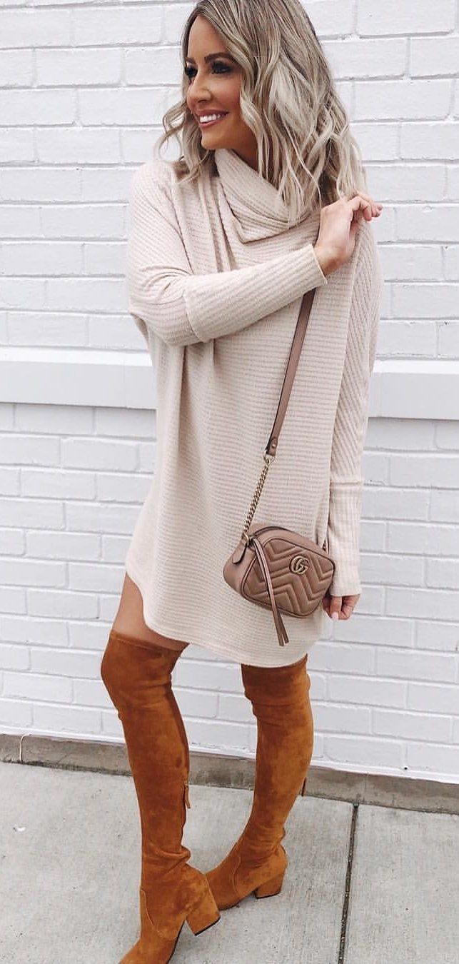 brown long sleeve dress #winter #outfits