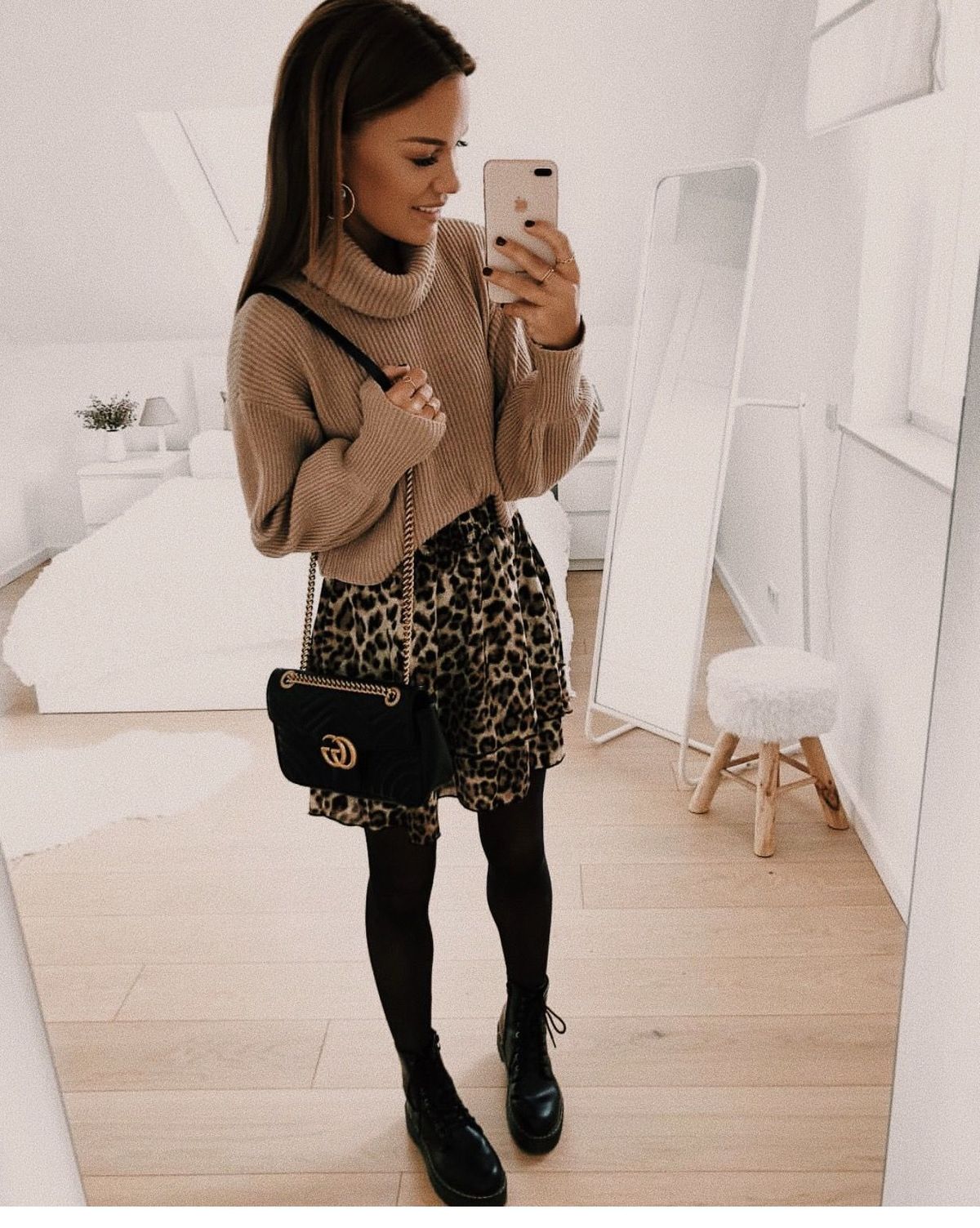 Light brown sweater, animal print skirt Light brown sweater, animal print skirt
