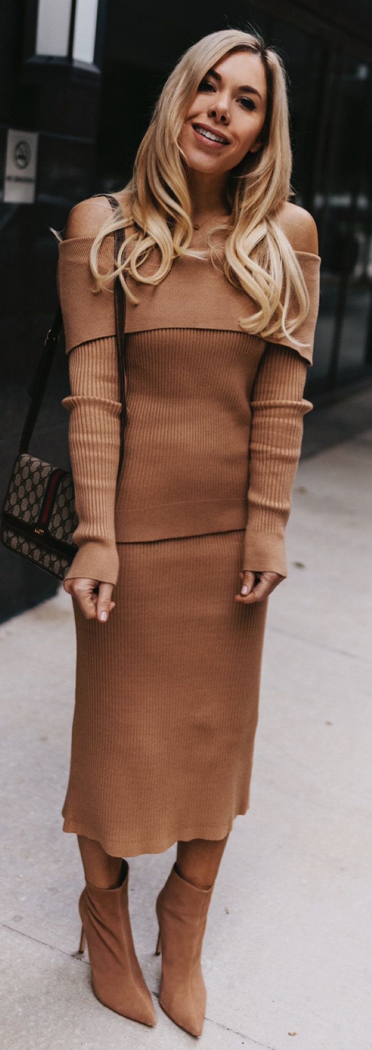 brown knit off-shoulder long-sleeved dress