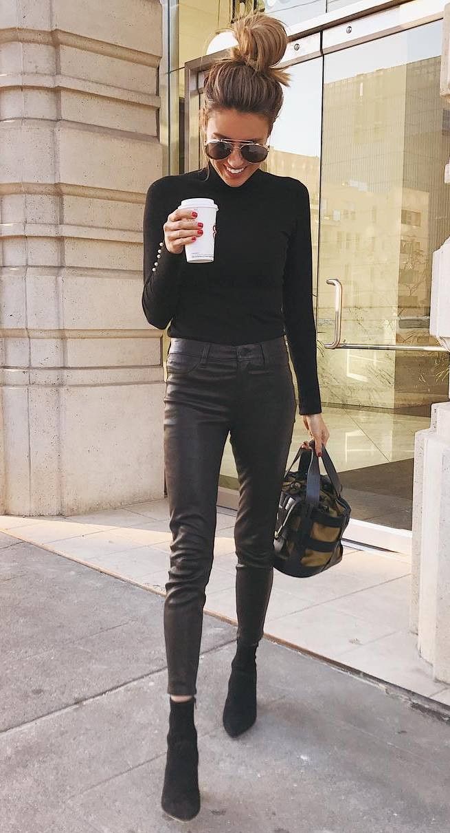 cute fall outfit idea : high neck top leather pants bag boots