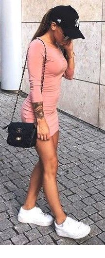 Cute short dress, sport shoes and black accessories Cute short dress, sport shoes and black accessories