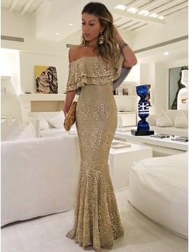 Mermaid Off-the-Shoulder Floor-Length Champagne Lace Prom Dress