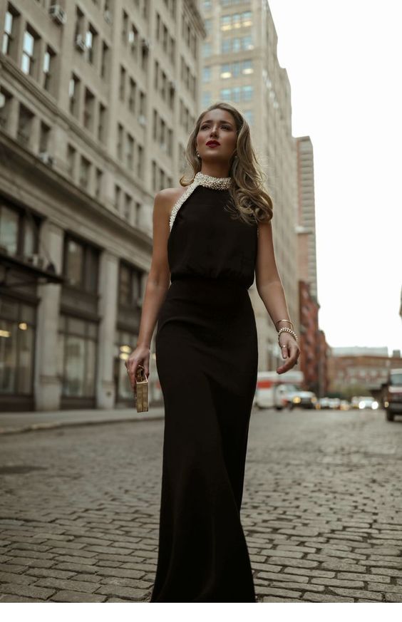 Glam long black dress with white pearls