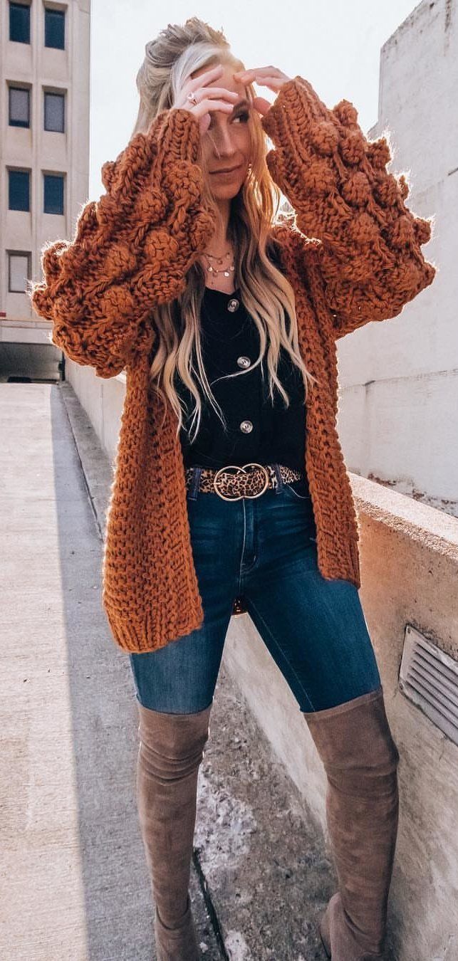brown knitted jacket and blue denim jeans #spring #outfits