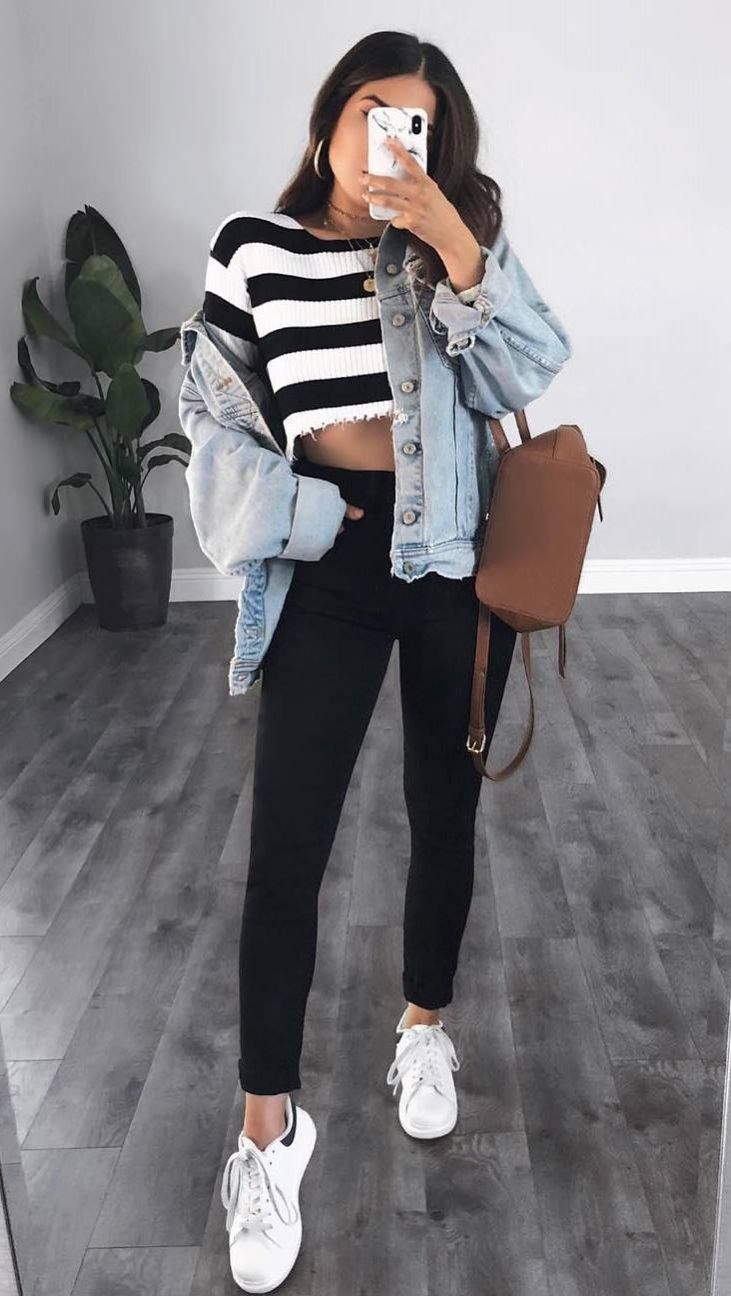 outfit of the day | striped sweater denim jacket brown backpack black pants sneakers