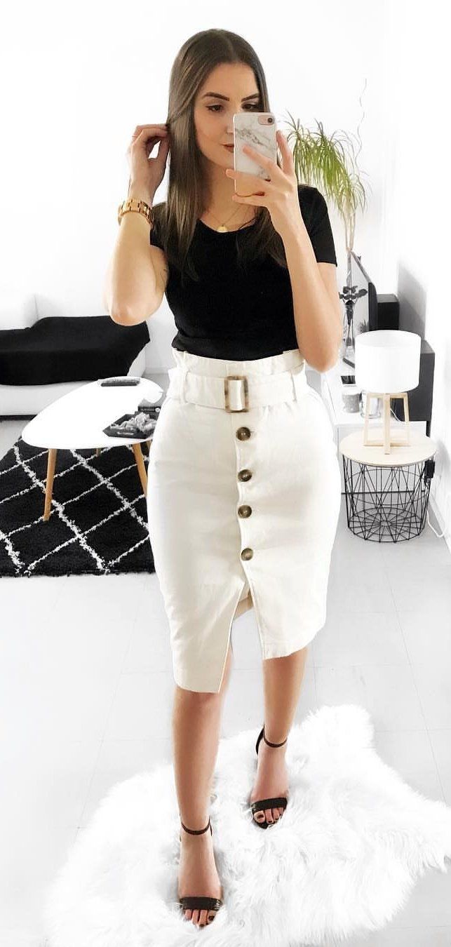black shirt and white skirt #spring #outfits black shirt and white skirt #spring #outfits