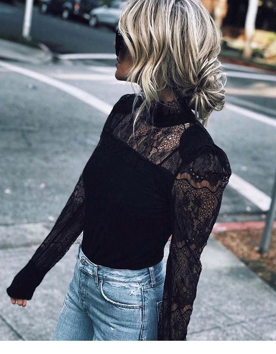 Black shirt, low bun idea Black shirt, low bun idea