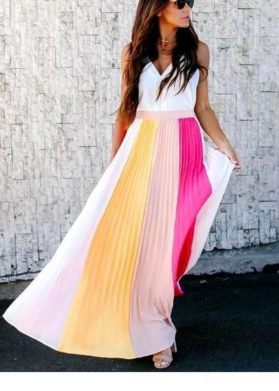 White top and colorful long skirt