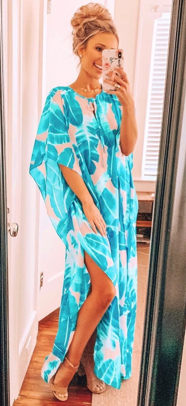 blue and white floral side slit dress #spring #outfits