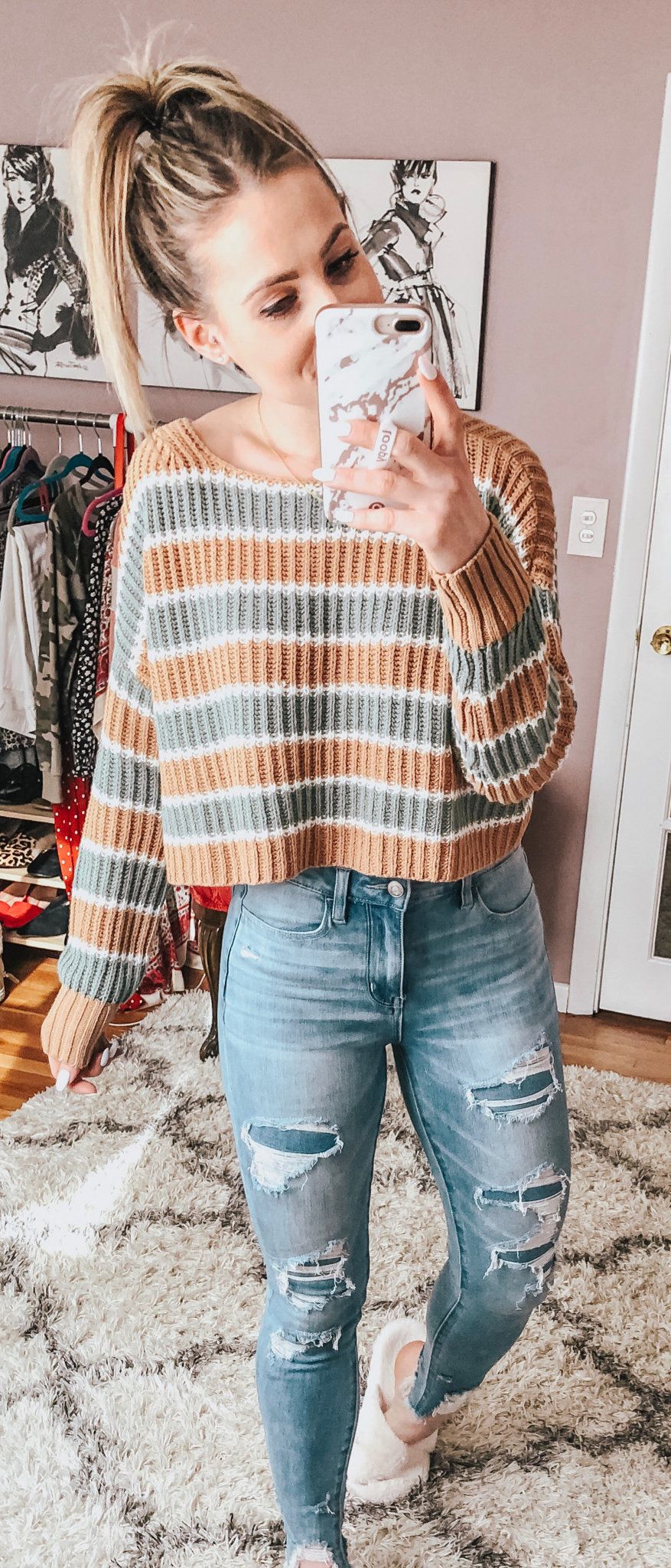 brown and gray striped long-sleeved shirt #spring #outfits