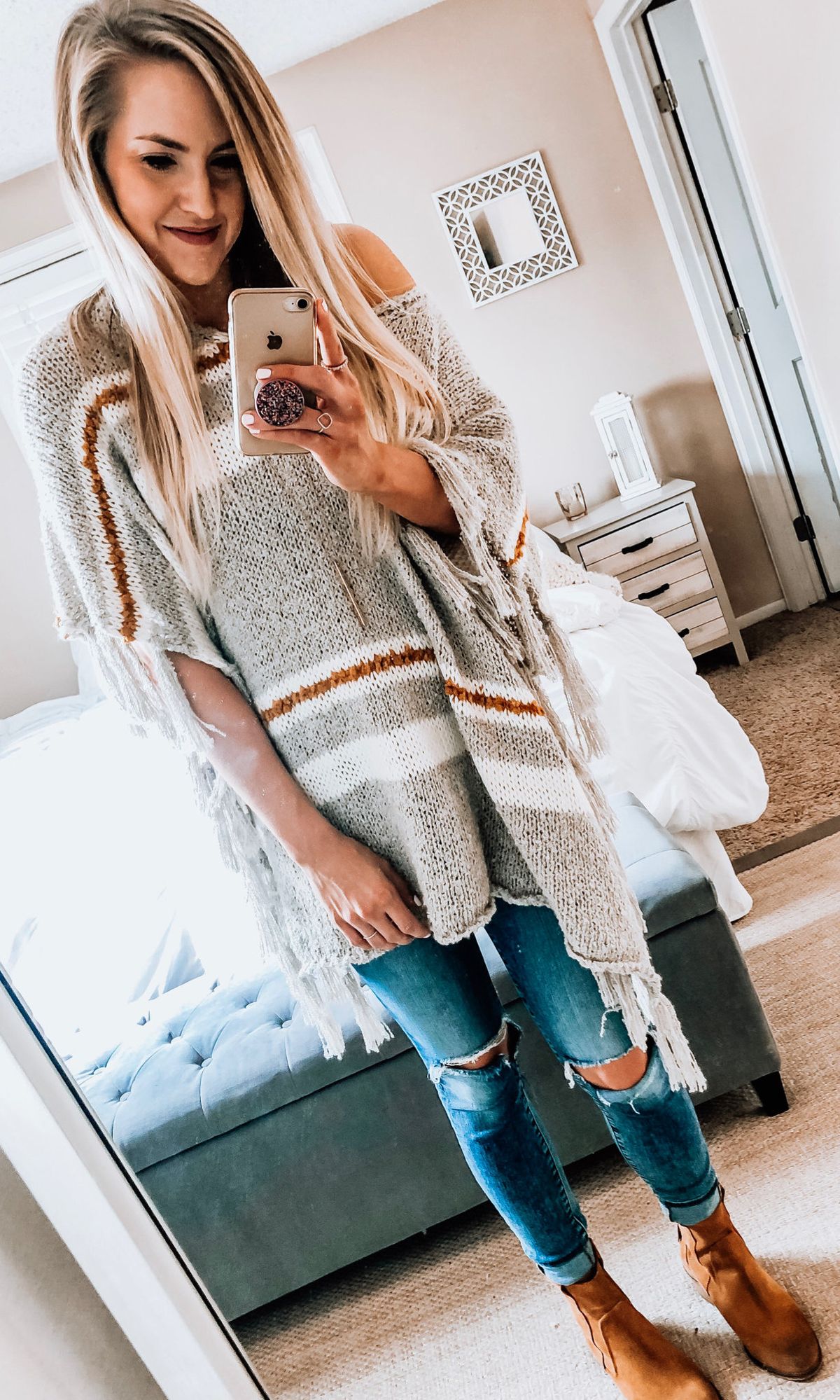 gray and white knit off shoulder top #spring #outfits gray and white knit off shoulder top #spring #outfits