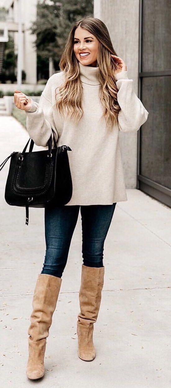 grey turtleneck sweater, blue denim pants, brown knee-high boots outfit