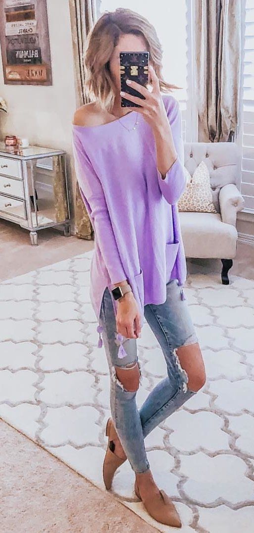 purple off-shoulder long-sleeved shirt #spring #outfits purple off-shoulder long-sleeved shirt #spring #outfits