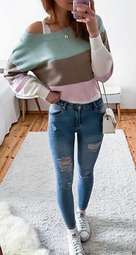blue, brown, and pink sweat shirt #spring #outfits