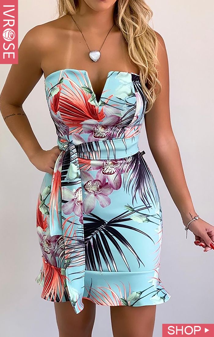 V-Cut Tube Tropical Print Ruffles Dress