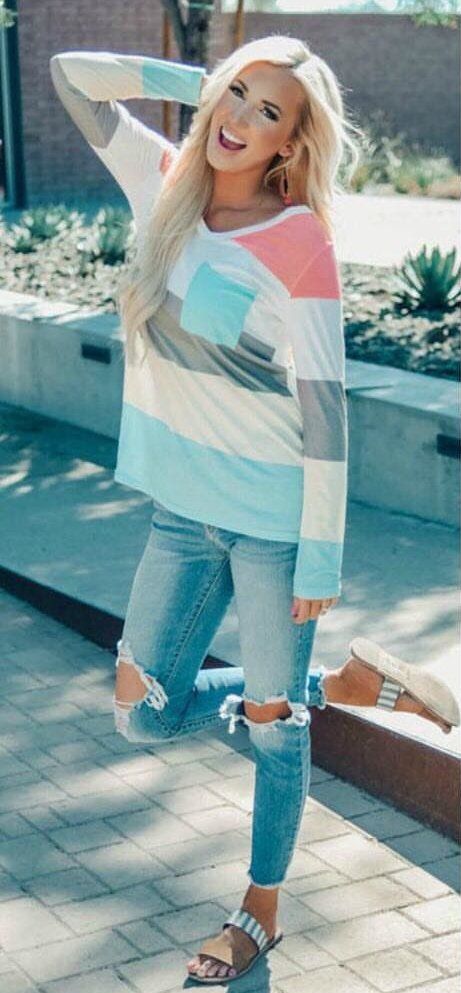 multicolored striped long-sleeved shirt #spring #outfits