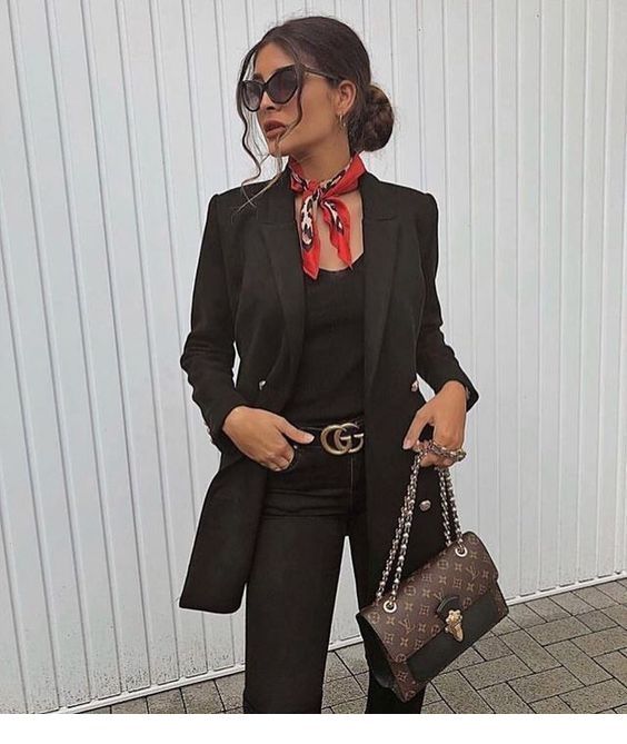 Black outfit with a nice red scarf Black outfit with a nice red scarf