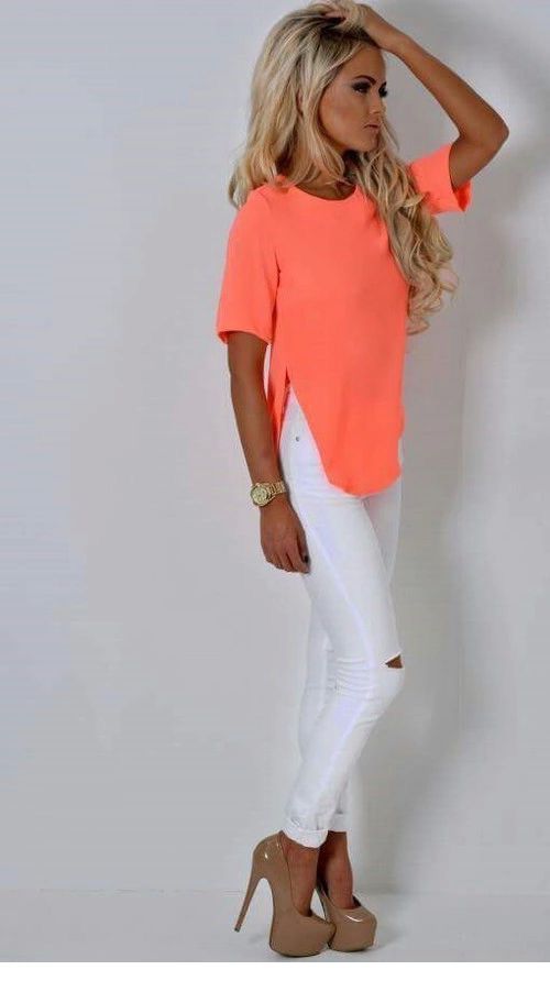 Nice coral neon top and white pants