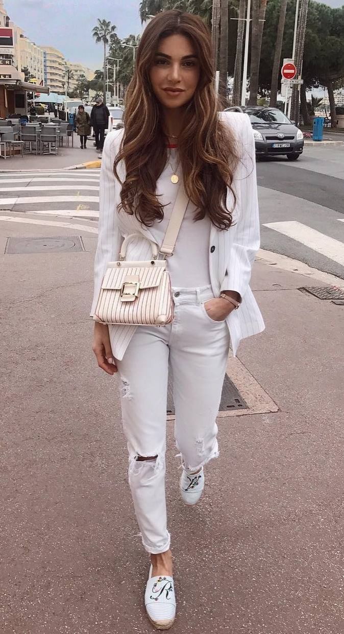 white outfit inspiration / blazer + bag + ripped jeans + top + loafers white outfit inspiration / blazer + bag + ripped jeans + top + loafers