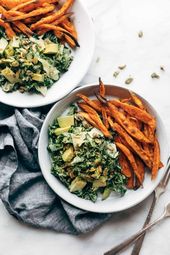 Avocado Kale Caesar Salad + Sweet Potato Fries - Pinch of Yum - Healthy Dinner Recipes - Healthy recipes