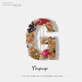 Yhpup Letter G Golden Brooch Imitation Pearls Luxury Charm Gem Women Statement Brand Fashion Brooches Pin Clothes Accessories
