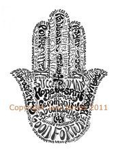 Hamsa Art Word Art Calligraphy Drawing, Hand Eye Hamsa Typography Pen and Ink Il...