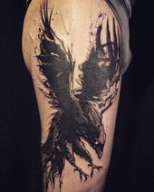 Raven forearm tattoo —> I love the style! Just the small splatters of ink and …”></a></p><div class='code-block code-block-2' style='margin: 8px auto; text-align: center; display: block; clear: both;'>
<script type=
